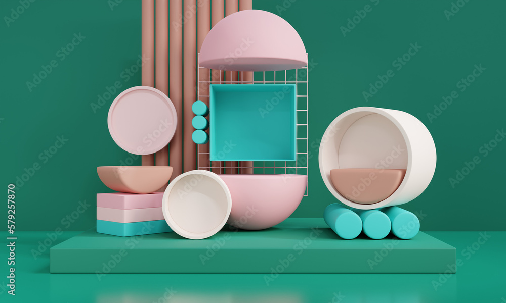 Poster 3d render minimal scene with podium and abstract background. pastel colors with geometric shapes .