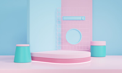 Fototapeta na wymiar 3D render Minimal scene with podium and abstract background. Pastel colors with Geometric shapes .