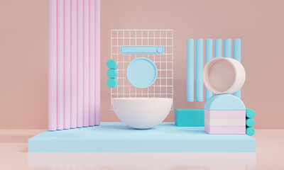 3D render Minimal scene with podium and abstract background. Pastel colors with Geometric shapes .
