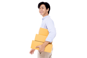 Happy young Asian man holding package parcel boxs isolated on transparent background. Delivery courier and shipping service concept. PNG file format