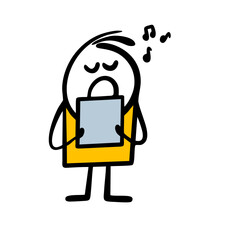 Little stickman boy hold a sheet of paper with musical notes and sing a song in children chorus.