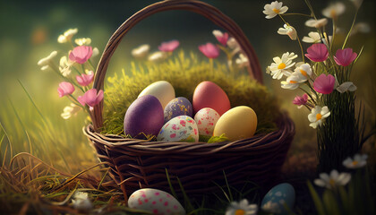 Fototapeta na wymiar Happy Easter Day Concept. Easter eggs in basket on green grass garden and sunny spring, template banner for website, AI Generative