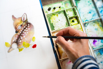 鹿の絵を描く_水彩画と色鉛筆