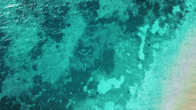 Beautiful drone view of the lake bottom of Lake Attersee, Upper Austria, Europe, where the remains of prehistoric pile dwellings are visible in its crystal clear and turquoise greenish water