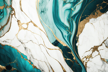 Turquoise, white and gold marble background. Luxury marble stone texture. Invitation backdrop. Ai generated
