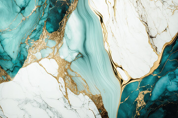 Abstract marble turquoise, white and gold background. Invitation backdrop. Ai generated