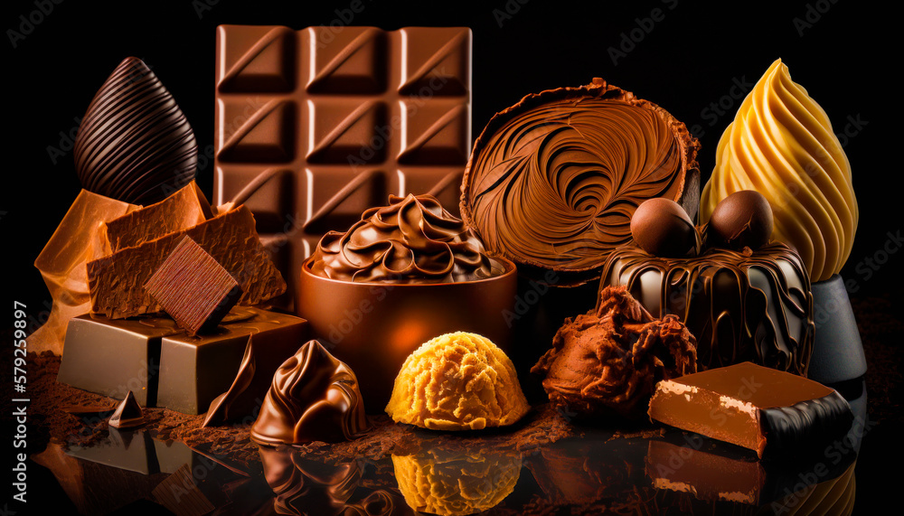 Poster many different types of chocolates on black background. generative ai.