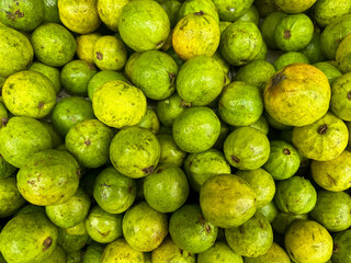 Fresh Guava Fruit on sale in a Fresh fruit market. Top view of green and yellow common guava.