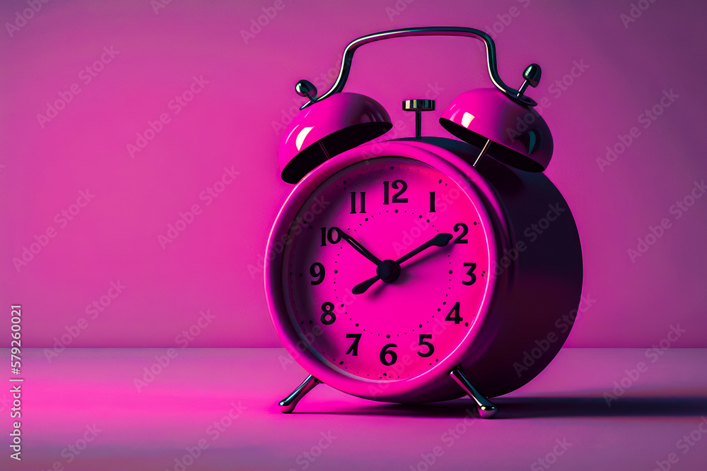 Poster an alarm clock sitting on table in front of pink wall. generative ai.