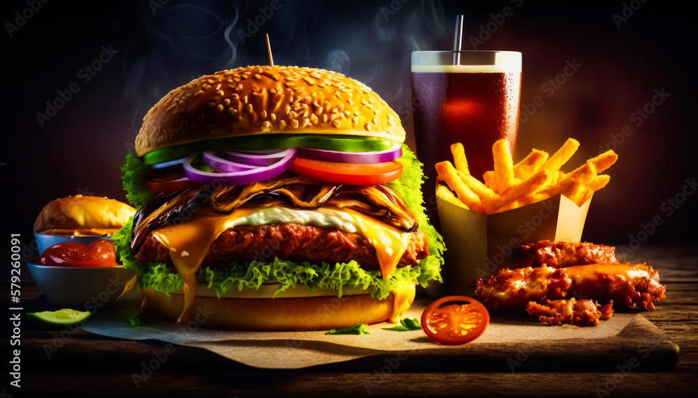 Poster large hamburger with fries and drinks on table. generative ai.
