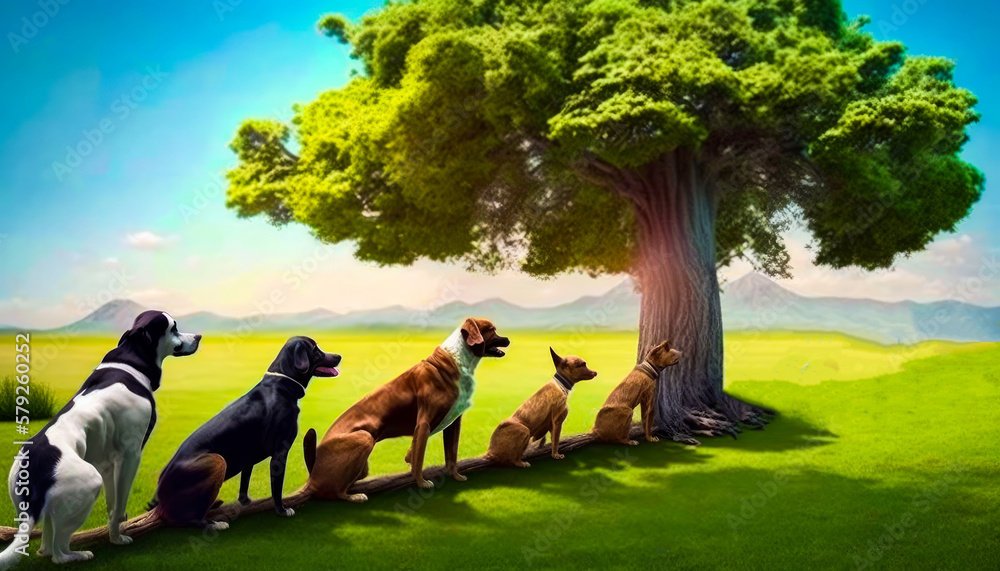 Aufkleber group of dogs are lined up in front of tree. generative ai.