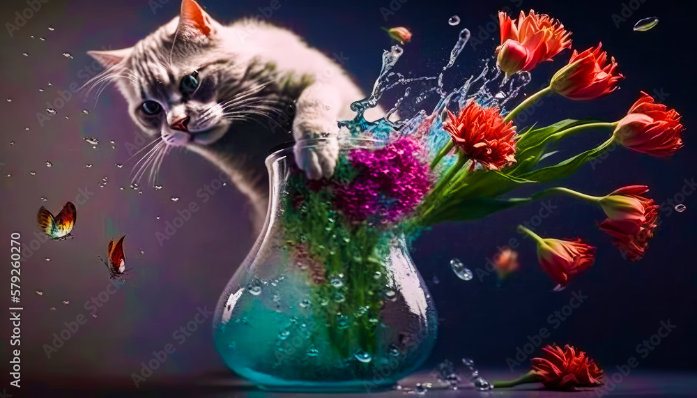 Aufkleber an image of cat in vase with flowers. generative ai.