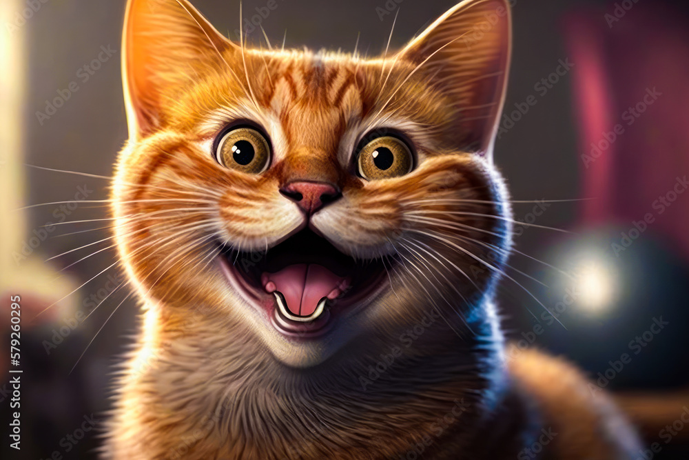 Poster close up of an orange cat with its mouth open. generative ai.