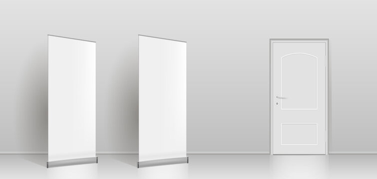 The interior of an empty room with a banner and a closed door.
Free space for copying a 3d image.