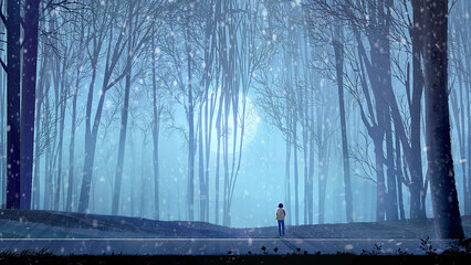 Twilight Forest In Winter Illustration