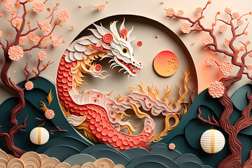 Generative AI abstract design chinese new year cute dragon with spring colors, surreal fantasy, peach flower., generative AI