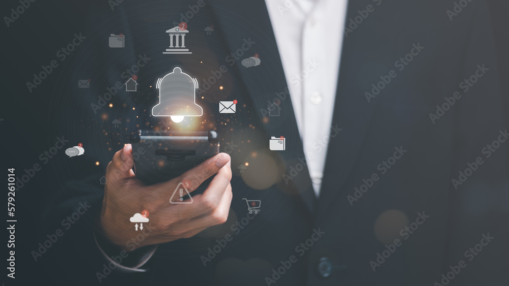 Poster the smartphone and the bell icon show notifications of new messages,internet application notificatio