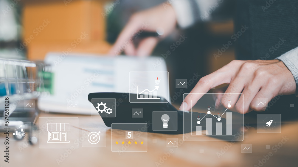 Poster small entrepreneurs calculating figures in company financial documents with a calculator,analysis of company financial data,Planning to assess and review budgets,concept of finance and investment
