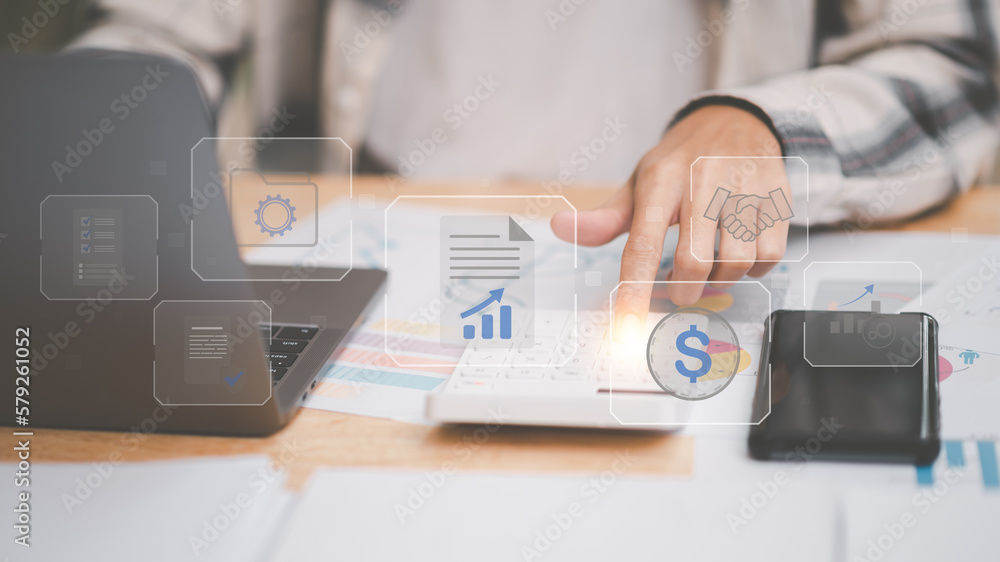 Aufkleber small entrepreneurs calculating figures in company financial documents with a calculator,analysis of
