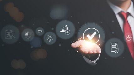 Industry Certification, Guarantee, business insurance ,product Certification Management,best quality assurance concept for product assurance, standard quality, ISO,Businessman and virtual icon