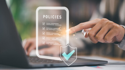 Businessman checking the steps through a virtual online document with a list of checkboxes Concepts...