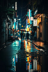  a rainy street in Tokyo with no cars and lots of neon lights on it