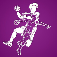 Handball Sport Team Male and Female Players Mix Action Cartoon Graphic Vector