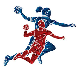 Handball Sport Team Male and Female Players Mix Action Cartoon Graphic Vector