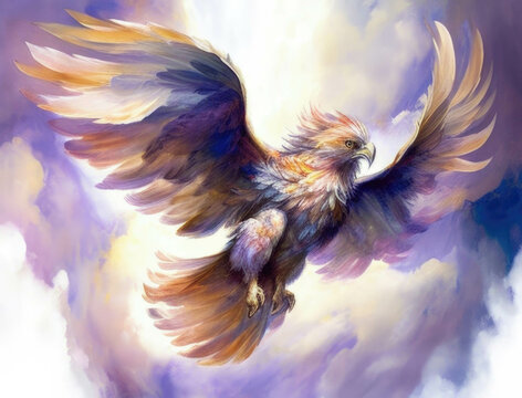 A Majestic Harpy Soaring High Above The Clouds Its Powerful Wings Taking It To New Heights. Cute Creature. AI Generation.