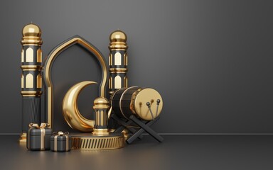 Islamic decoration background with lantern and crescent moon luxury style, ramadan kareem, mawlid, iftar, isra miraj, eid al fitr adha, muharram, copy space text area, 3D illustration.