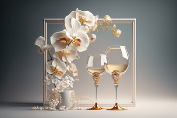 Two christal glasses orchids and candle, light frame. Gradient soft grey background. Wedding, bridal, celebration, Valentine's day concept. Generative AI