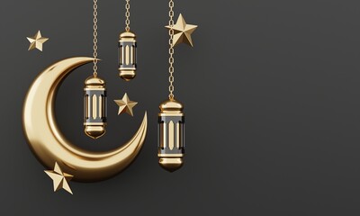 Islamic decoration background with lantern and crescent moon luxury style, ramadan kareem, mawlid, iftar, isra miraj, eid al fitr adha, muharram, copy space text area, 3D illustration.