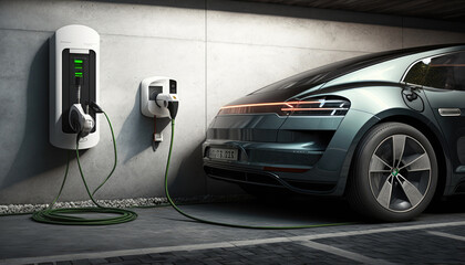 Fototapeta na wymiar EV car and home charging station. Generative AI