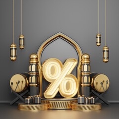 Islamic decoration background with lantern and crescent moon luxury style, ramadan kareem, mawlid, iftar, isra miraj, eid al fitr adha, muharram, copy space text area, 3D illustration.