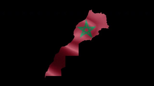 4K waving national flag of Morocco on the map. With alpha channel seamless Moroccon flag on territory. Outline geographic country border of Morocco stock video.