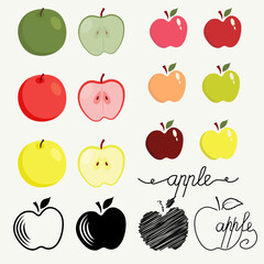 Apple set. Apples of different colors, sizes and textures. Elements for design.