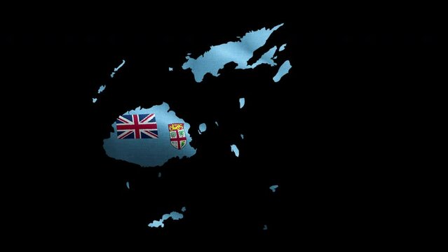 4K waving national flag of Fiji on the map. Alpha channel seamless Fijian flag on territory. Outline geographic country border of Fiji stock video.