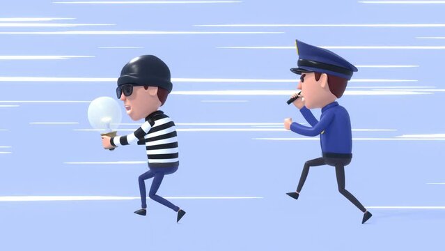 3d loop animation of a policeman chasing thief running away with stolen idea. Intellectual property infringement, steal idea