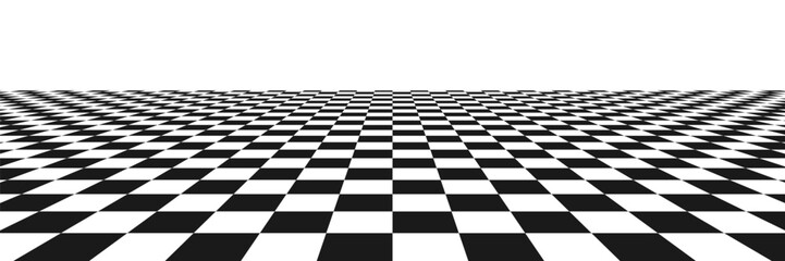 Chess perspective floor background. Black and white chessboard perspective floor texture. Checker board pattern surface. Fading away vanishing checkerboard background. Abstract vector illustration.