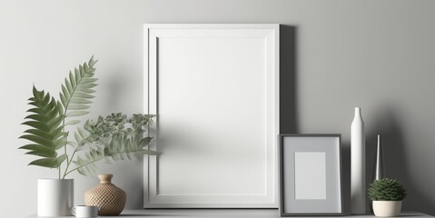 Blank square frame mockup for artwork or print on white or gray wall with eucalyptus green plants in vase, copy space.