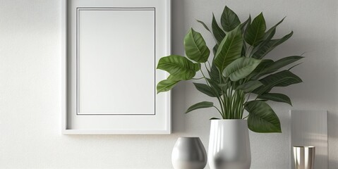 Blank square frame mockup for artwork or print on white or gray wall with eucalyptus green plants in vase, copy space.