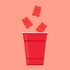 Jelly bears fruit gummy on Plastic cup. Jelly bears fruit gummy. Red beer cup vector. Red plastic cup isolated on pink background.