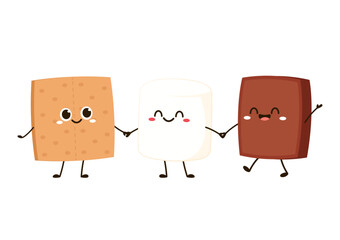 Sweet sandwiches from chocolate and marshmallow. Scheme of smore sweet children dessert preparing, cartoon vector illustration isolated on white background.