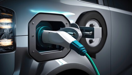 Close-up of an electric car with a cable connected. Generative AI