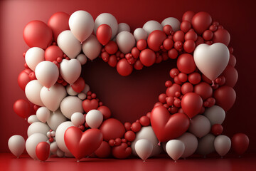 Valentine's Day background with red and white balloons in the shape of heart. Generative AI