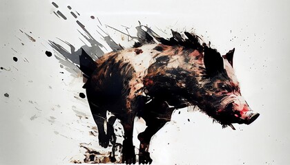 a painting drawing of aggressive boar by watercolor dark style, Generative AI, illustration - obrazy, fototapety, plakaty