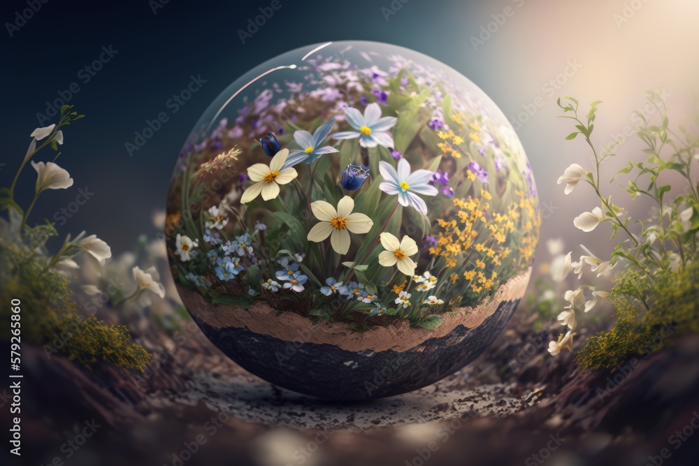 Poster globe with spring flowers in the forest. generative ai