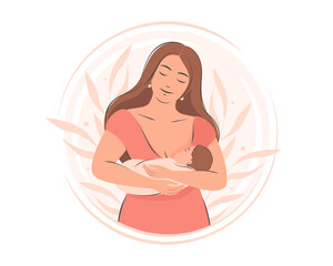 Woman feeding baby. Breastfeeding and motherhood concept. Vector illustration.