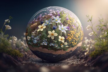 Globe with spring flowers in the forest. Generative AI