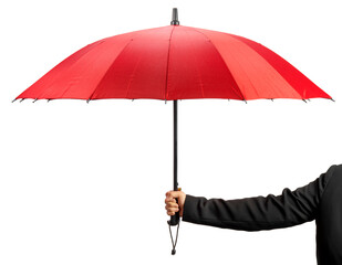 Hand Holding red color umbrella isolated on white background, Hand Holding red umbrella on White Background  PNG file. © MERCURY studio